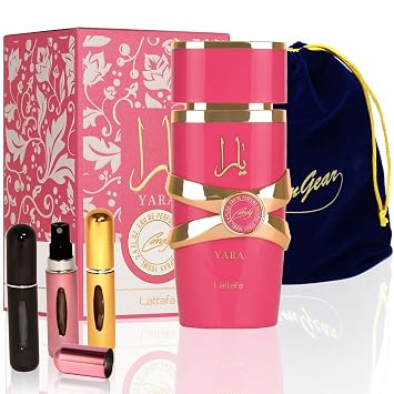 Lattafa Yara Candy - Eau de Parfum Fragrance for Women, 3.4 Ounce / 100 ml, with Elegant Velvet Pouch and 3 Refillable Atomizer Spray Bottles