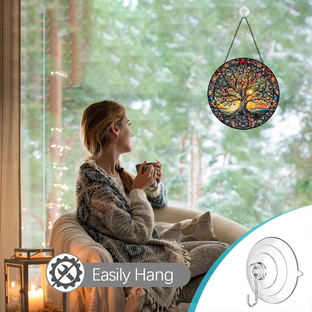 Tree of Life Suncatcher Stained Glass Window Hanging - 8″ Handmade Sun Catchers Indoor Window Catcher Suncatchers for Windows Hanging - Wall Art Home Garden Decor Panel - Birthday Gifts for Women Men - Image 6