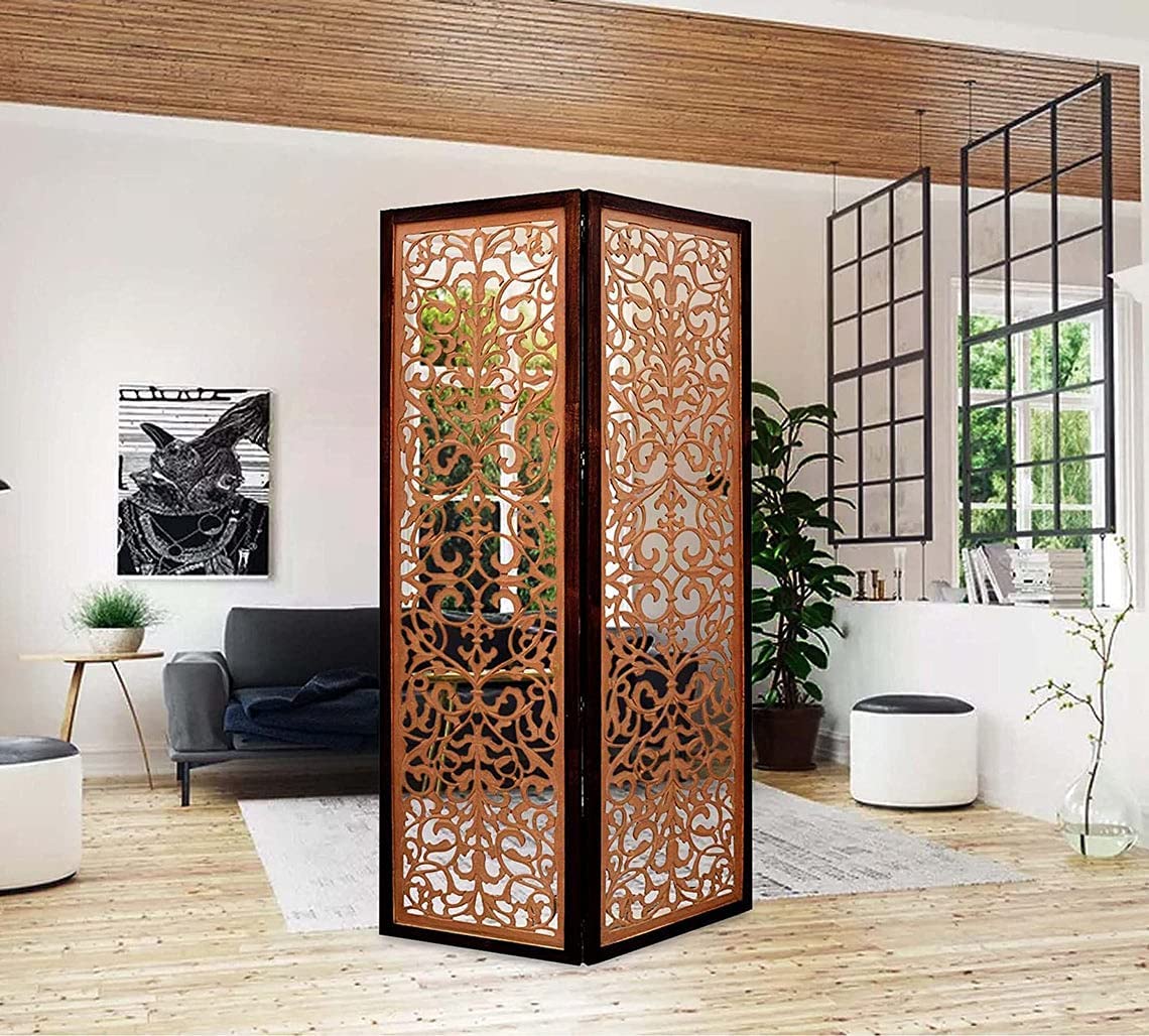 Handcrafted Wooden Room Divider Partition | Folding Privacy Screen Separators for Home, Office, Salon, and Puja Room - Stylish Full Jali (Black & Brown, 2 Panel)-image-25