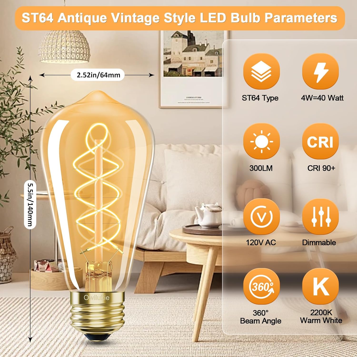 E26 LED Bulb 4W Equivalent 40 watt,Vintage Edison Bulbs,Warm White 2200K Amber E26 Edison Bulb dimmable, ST21/ST64 LED Light Bulb,AC120V,300lm,CR90+,Glass,Pack of 4