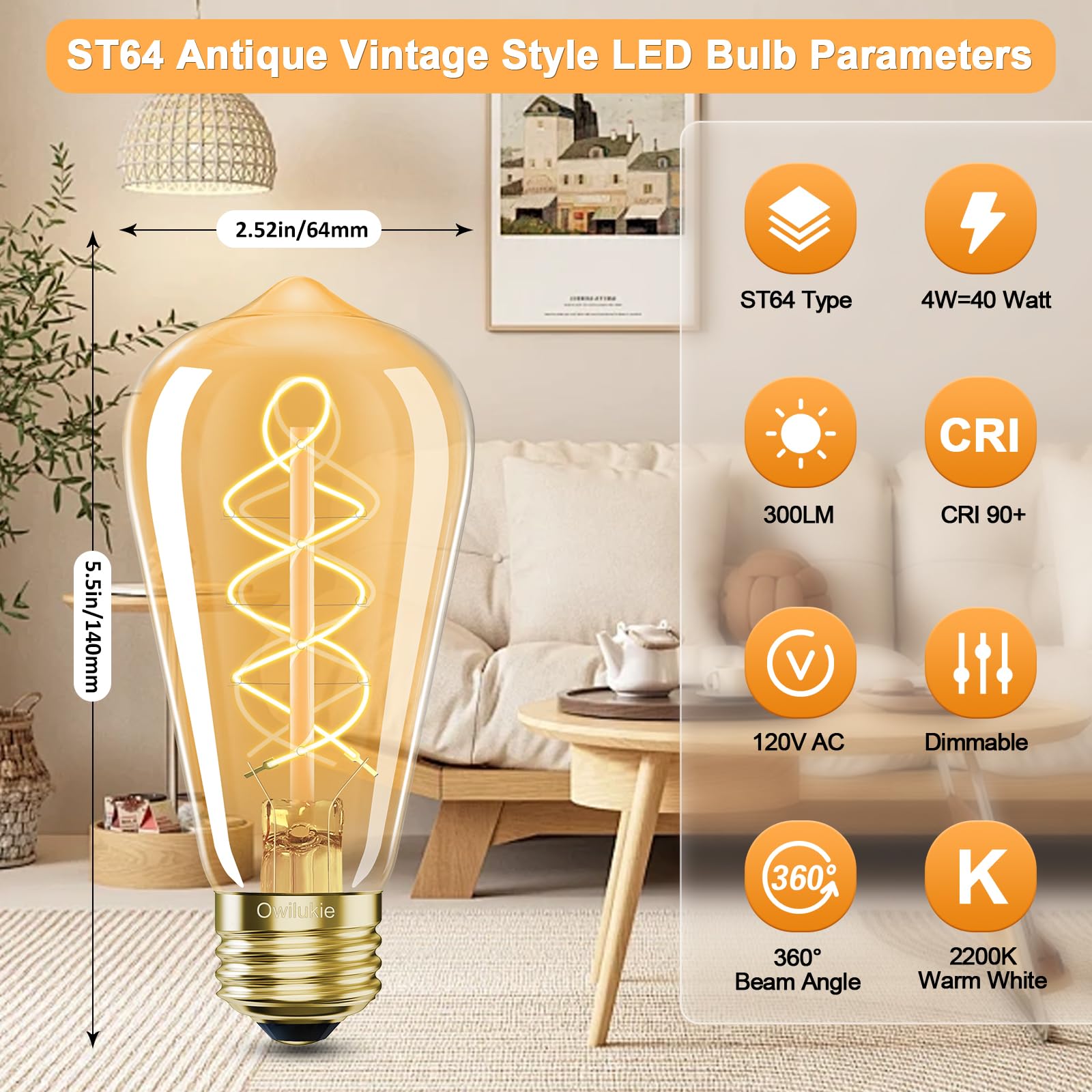 Bombilla LED E26, 4 W, equivalente, E26, 40 W, vintage, luz blanca cálida, 2200 K, ámbar E26, bombilla Edison regulable, ST21/ST64, AC120 V, 300 lm, CR90+, cristal transparente, paquete de 4