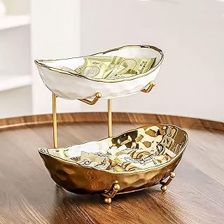 2-Tier Fruit Bowls for Kitchen Counter,Ceramic Bowl with Gold Metal Stand,2 Tier Fruit Basket for Fruit,Snack,Cake,Nuts,Dessert Space Saving Storage