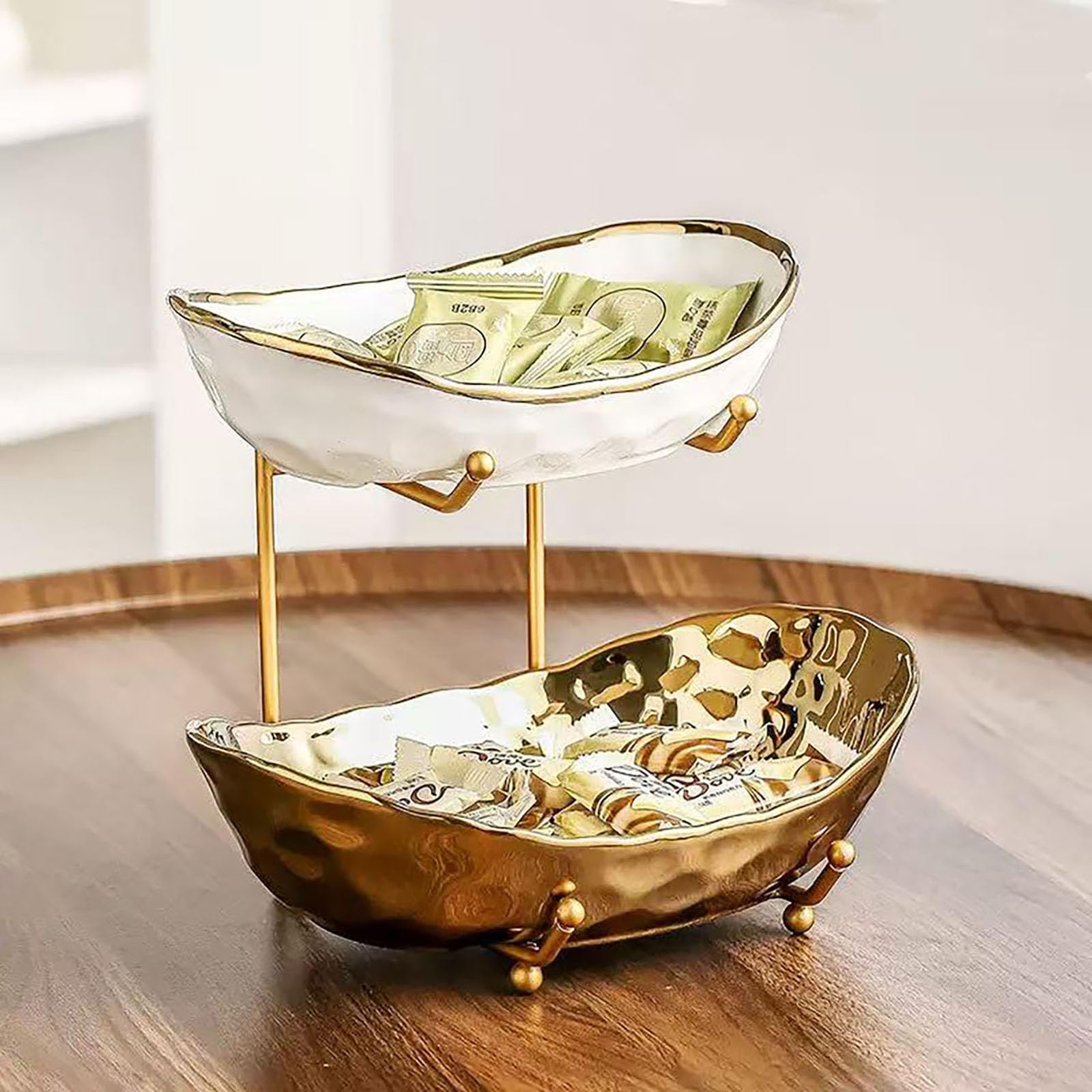 2-tier fruit bowls for kitchen counter,ceramic bowl with gold metal stand,2 tier fruit basket for fruit,snack,cake,nuts,dessert space saving storage