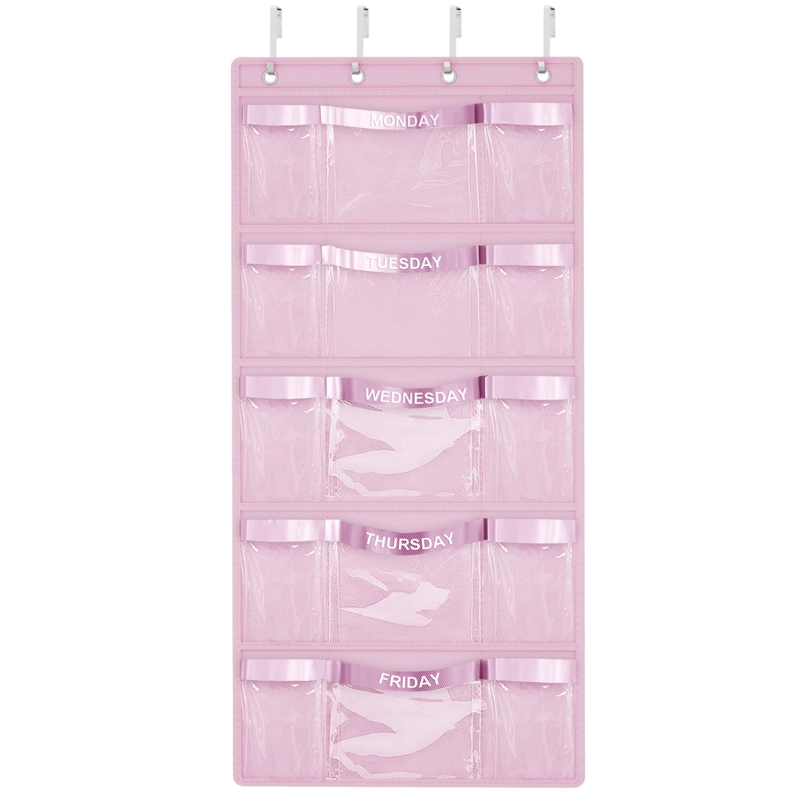 Weekly Hanging Closet Organizer for Kids,Day of Week Kids Clothes Organizer,School Clothing Storage Monday to Friday Hanging Closet Organizer Shelves for Bedroom,Bathroom,Dorm (Pink)