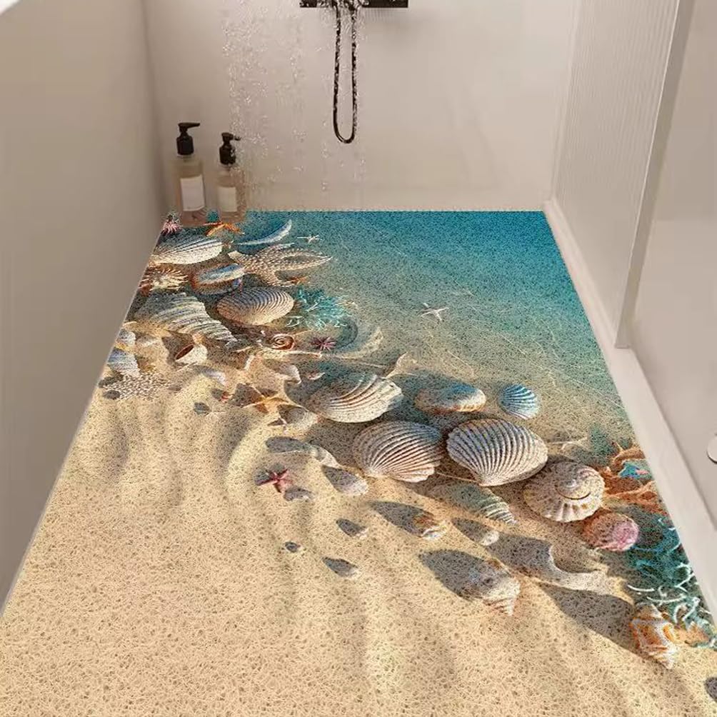 Alfombra Bañera Antideslizante 140X160 cm Motivo de Concha de Estrella de mar Lufa PVC Sin Ventosas con Orificios de Drenaje Secado Rápido para Baño cabinas de Ducha y Bañera