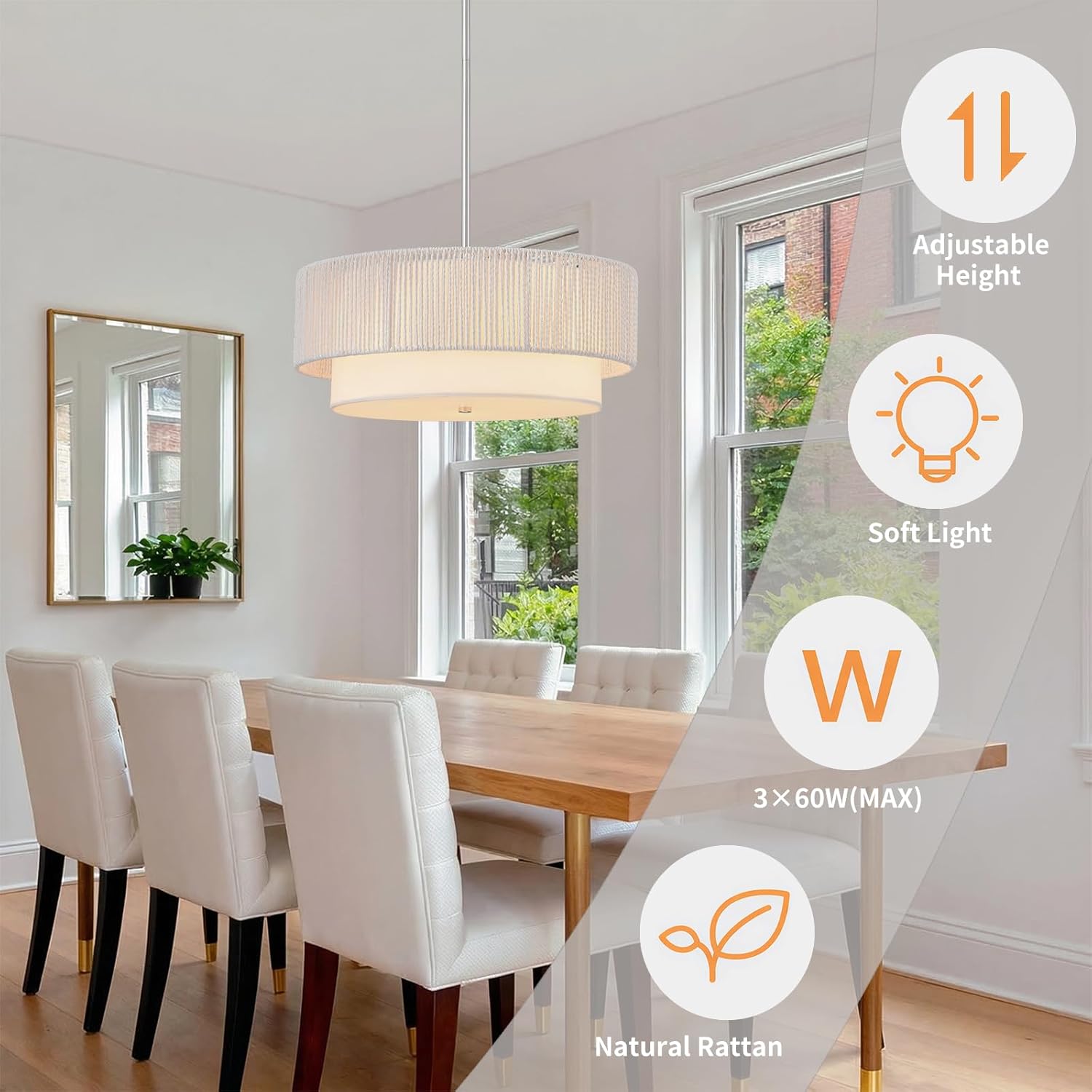 Rattan Farmhouse Chandeliers, Rattan Pendant Light Fixture, Boho Light Fixtures for Bedroom Dining Room Foyer Kitchen Hallway | Fabric Shade | Bulbs Not Included | White