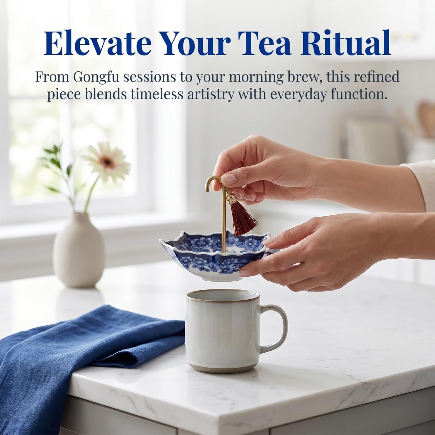 Umbrella tea strainer,Blue and White Ceramic Umbrella Tea Strainer with Tassel, Rotating Loose Leaf Tea Filter, Ideal for Tea Lovers & Kung Fu Tea Enthusiasts (B)