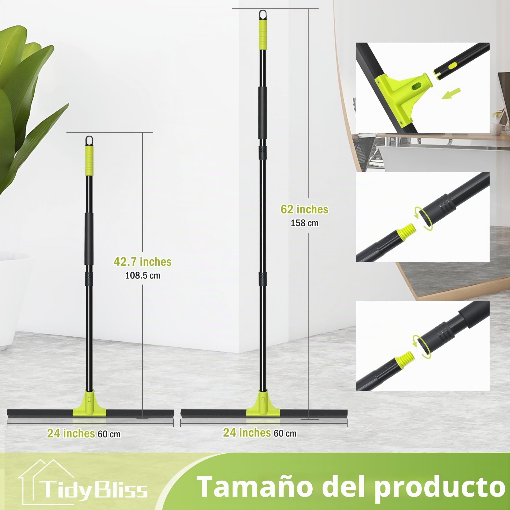 TidyBliss Escoba de Goma 60 cm para Suelo con Mango Adjustable 158 cm, Escobilla Caucho para Limpiar Ducha Azulejo Hormigón Baño Mármol Cristal Garaje Tienda Cubierta Ventana Patio Jardín (Verde)