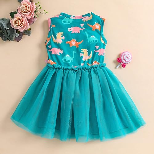Miniatura 3 de Vestidos de retazos, sin mangas, con lazo de princesa, de tul, dinosaurio, para niñas pequeñas, vestidos para niñas (Verde, 3-4 años)