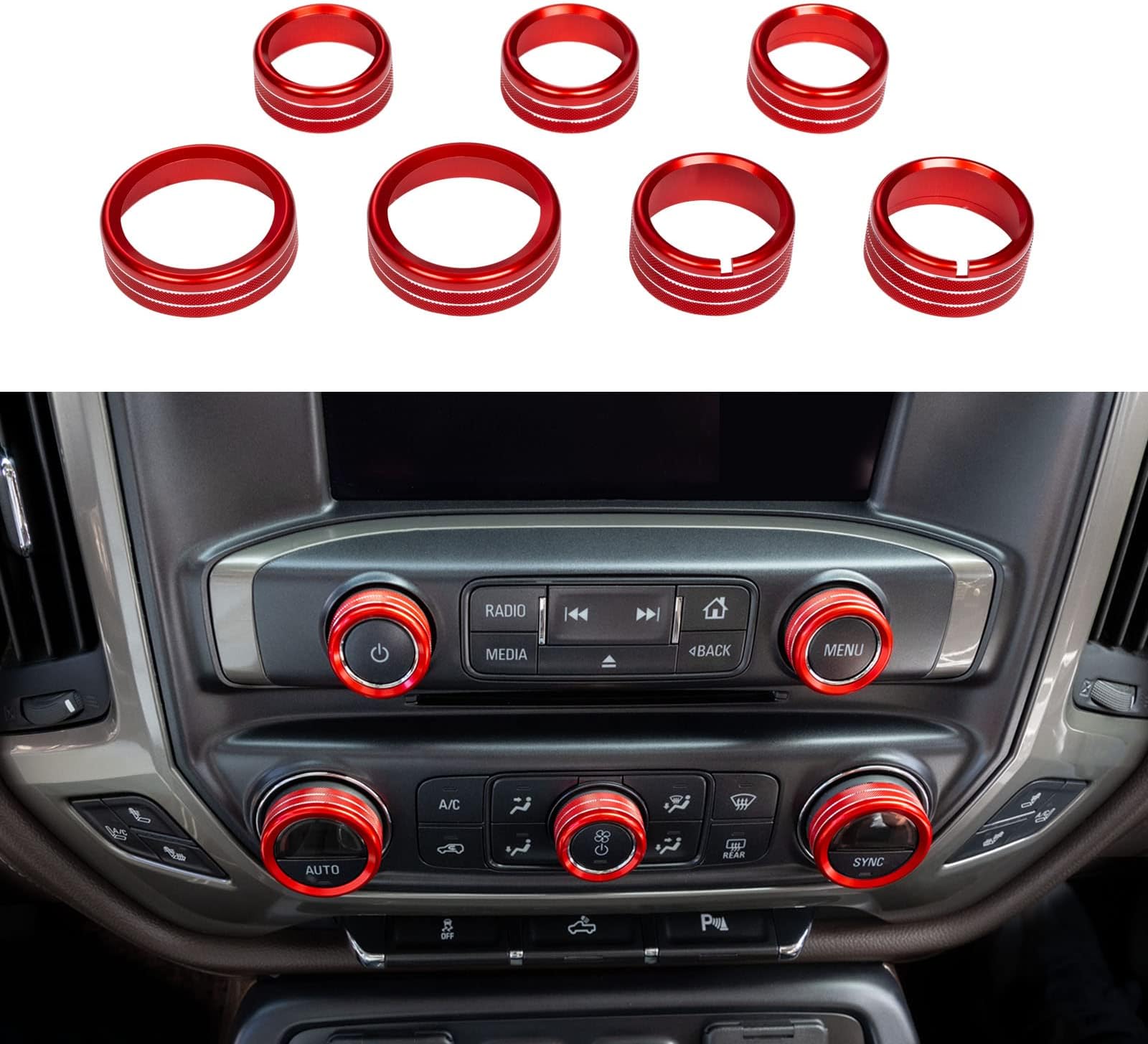 JKCOVER Center Console Button Knobs Cover Compatible with 2014 2015 2016 2017 2018 Chevy Silverado/GMC Sierra Air Conditioner Control Switch Knob Cover (Red, 7 Pcs)