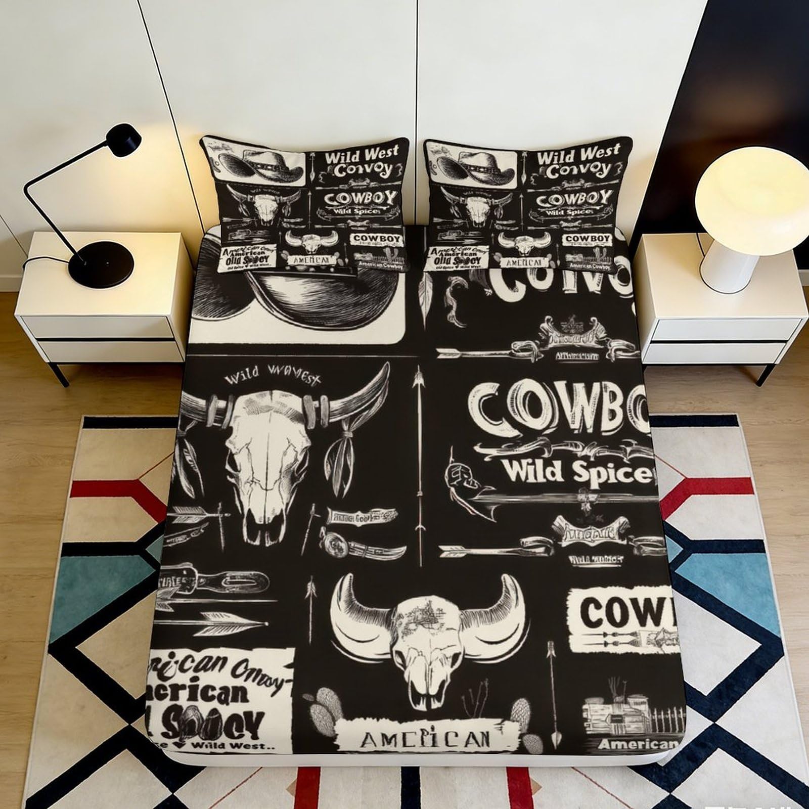Jqzkxnhpbr Style-5 3D Printed Western Cowboy Skull Fitted Sheet Microfiber Soft Black Bed Cover For Bedroom Guest Room Decor 90X200x25cm