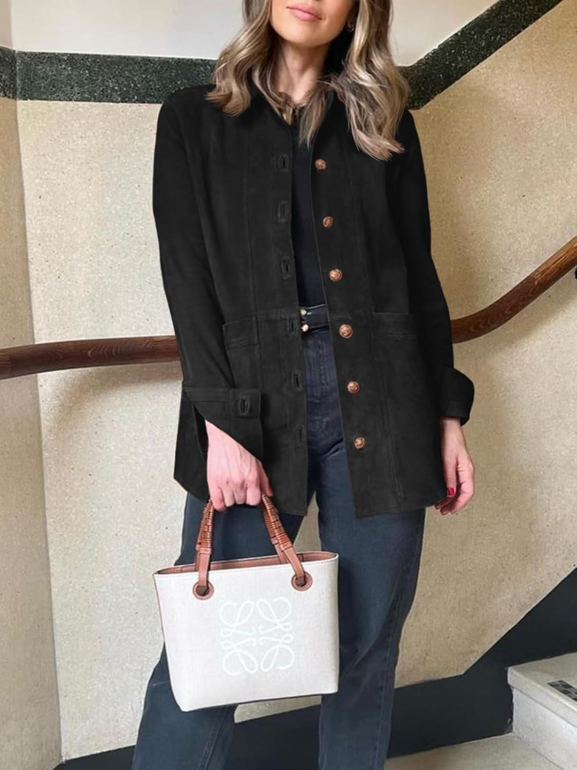 Tankaneo Womens Faux Suede Jackets Button Down Long Sleeve Shackets Coat Trendy 2025 Spring Clothes - Image 3