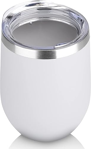 DOMICARE - Vaso de vino de 12onzas con tapa, hecho de acero inoxidable con aislamiento al vacío de doble pared, paquete de 1 unidad, color blanco