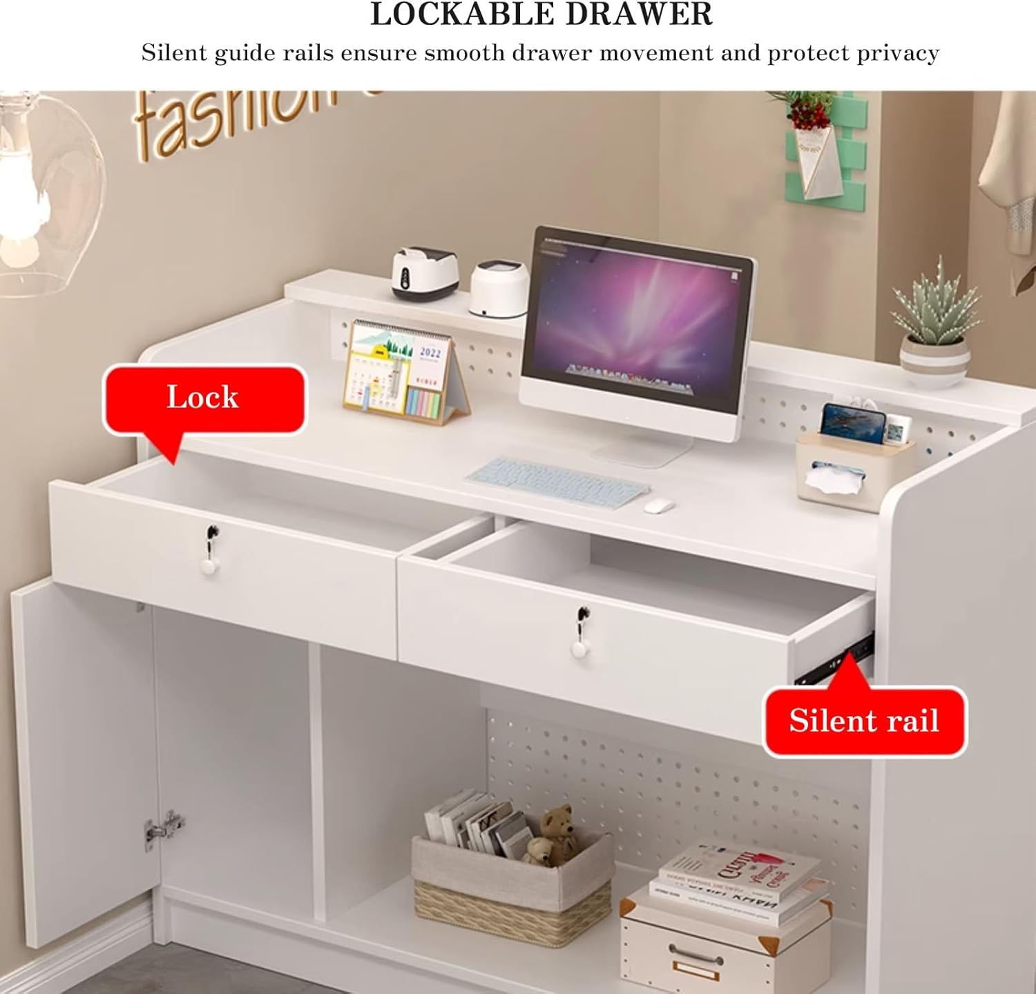 Reception Desk with Counter, Modern Shop Counter Sales Desk with Lockable Drawer, DIY Pegboard Design, Checkout Table for Salon, Office, Retail Store(Walnut+White,60cm)