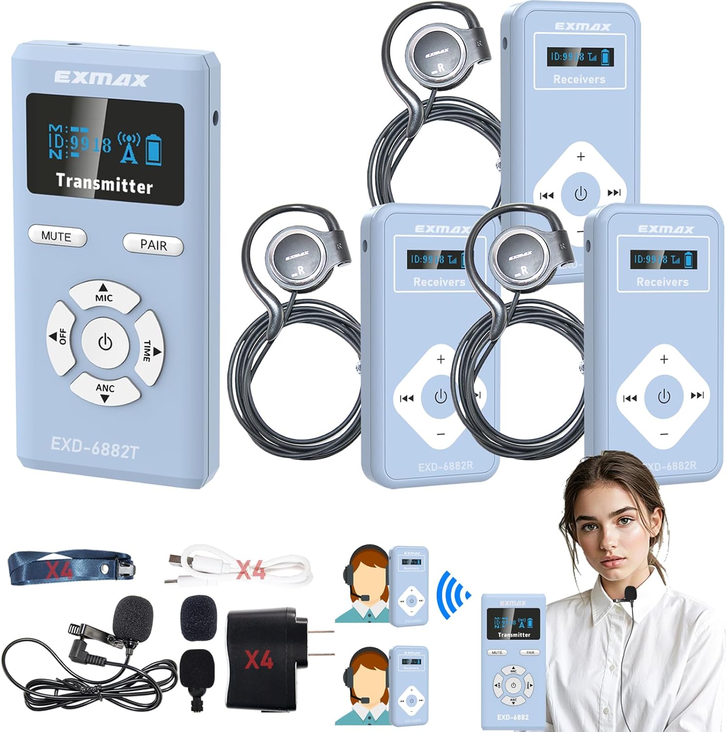 EXMAX EXD-6882 Wireless Tour Guide System Microphone Earphone Support one Click Mute and Shutdown Distance Voice Transmission Church Translation Conference Presentations (1 Transmitter 3 Receivers)