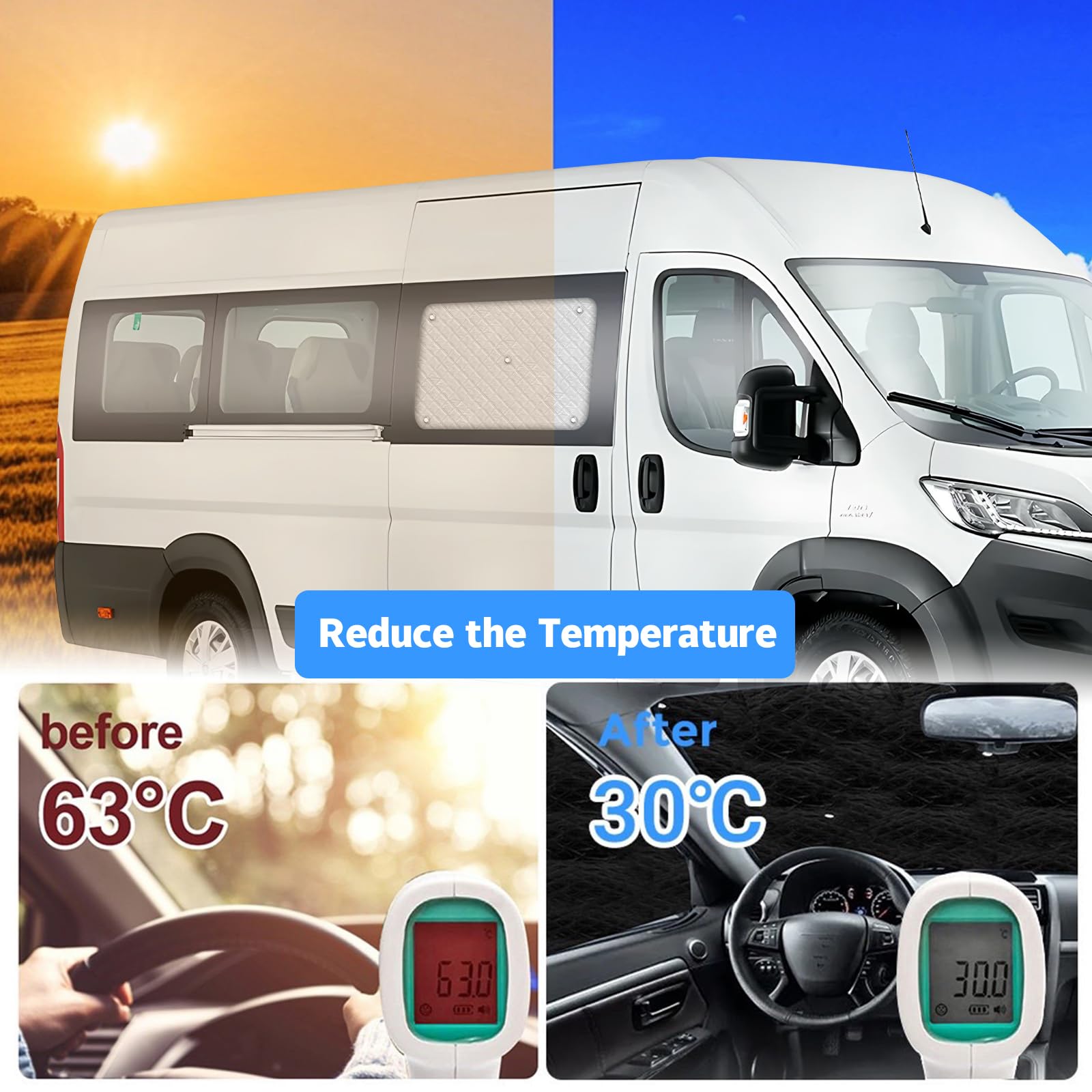 Pare-Soleil pour Pare-Brise Compatible avec Fiat Ducato 2006-2025, Pare-Soleil pour Vitres Latérales de Portes Coulissantes