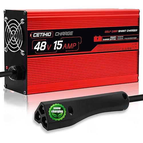 Portable 48 Volt 15 Amp Battery Charger for Golf Cart EZGO RXV&TXT with Plug 3 Prong Connector, 4-6 Hour Full Charge, 16FT Power Cable, Multi-Protection Keeping Safe, Only for Lead-Acid Batteries