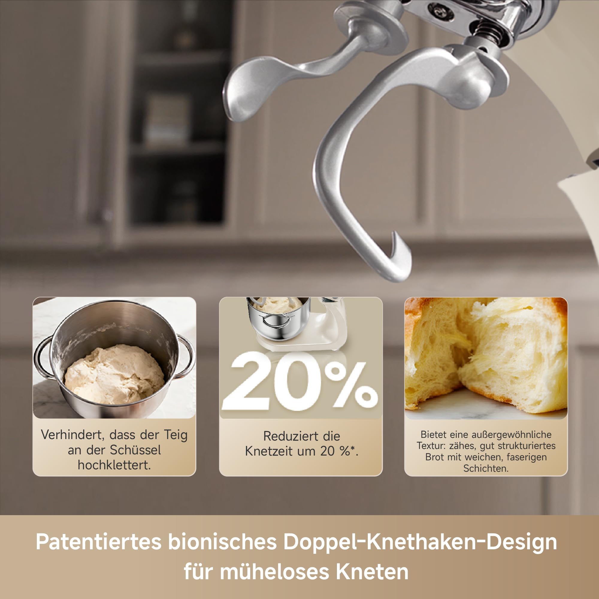 Dreame BioKnead™ Küchenmaschine mit Rührschüssel. Patentierter Doppelknethaken und leiser 800-W-DC-Motor für 6-L-Schüssel. Digitales Display, 12 Geschwindigkeiten
