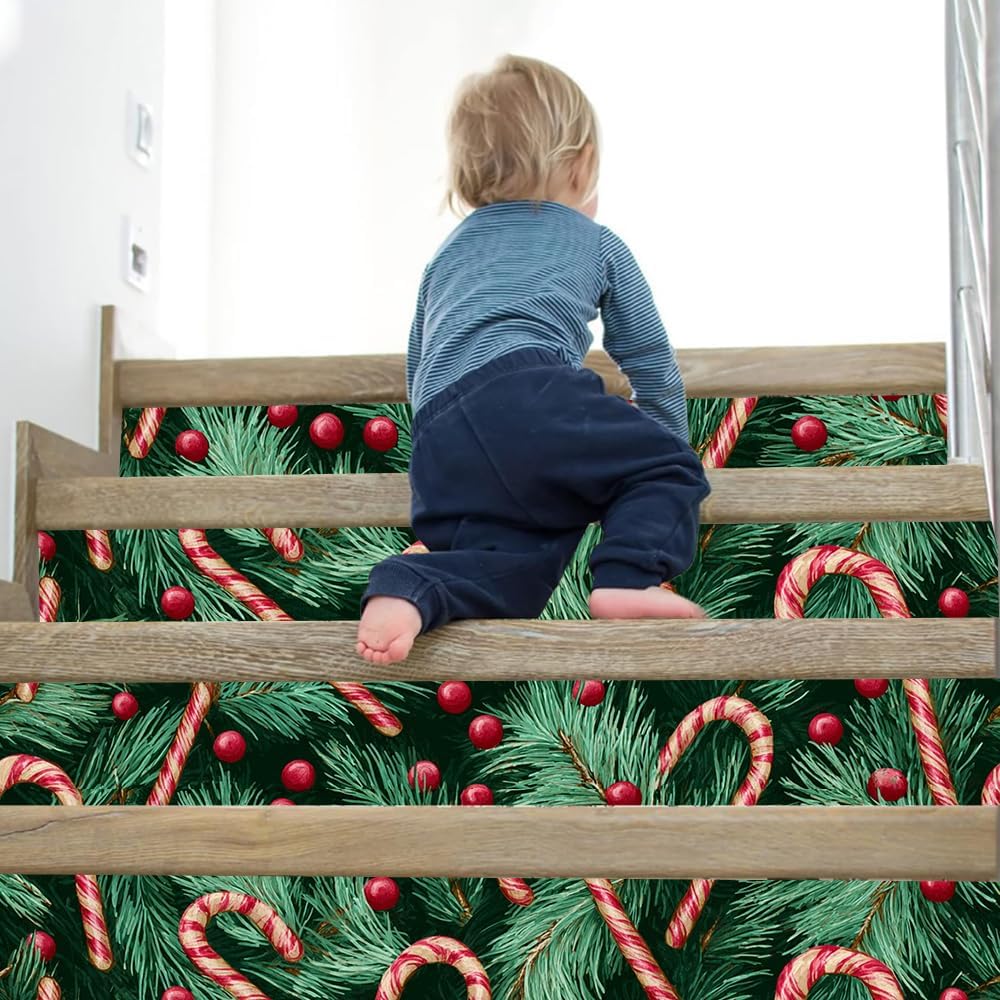 Wallpaper 39x16 Inch Christmas Candy Cane Wall Decals with Pine Branches Red Berries Evergreen Holiday Pattern Festive Decorative Seasonal Wall Art for Kitchen Living Room Bedroom