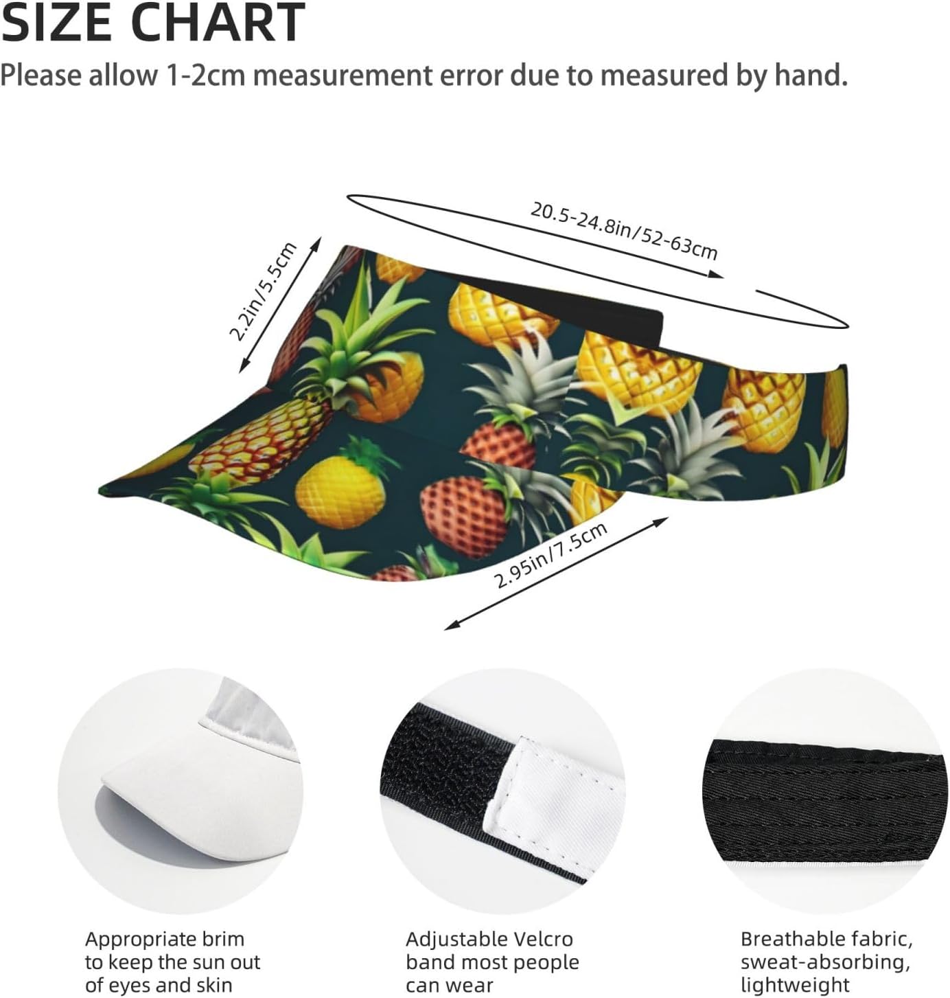 Tropical Fruits Pineapple Print Sports Sun Visor Hats Adjustable Running Golf Tennis Sun Cap for Women Men Black