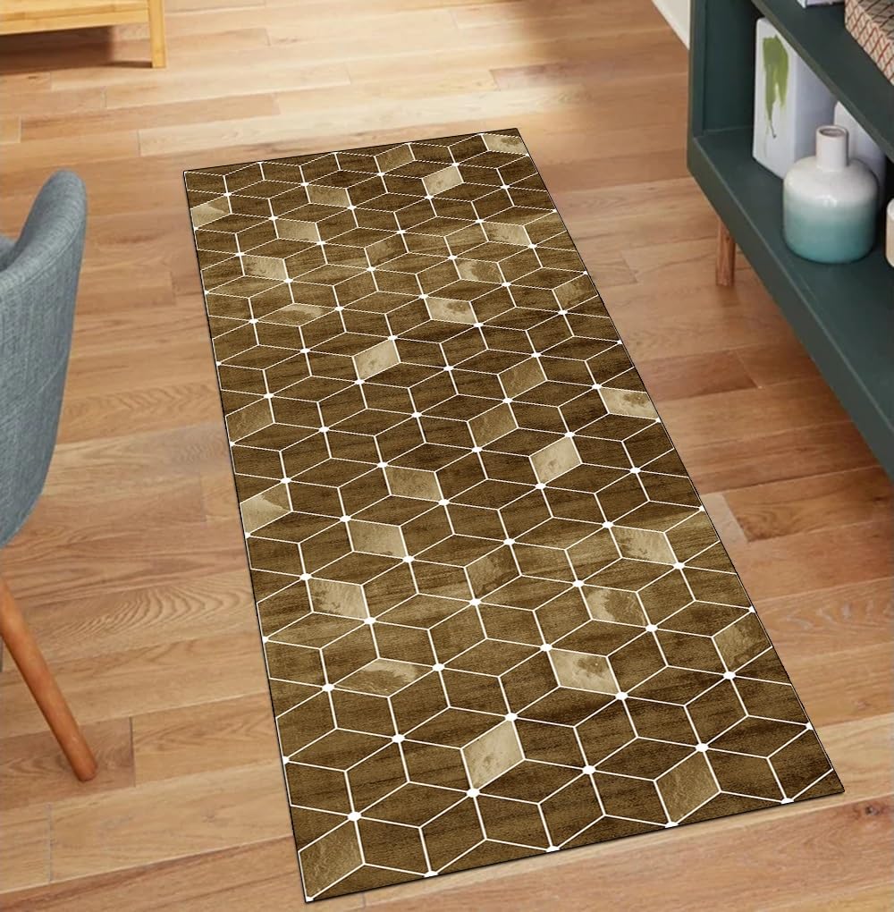 Alfombra de pasillo de 70x280 cm lavable y geometrica color marron