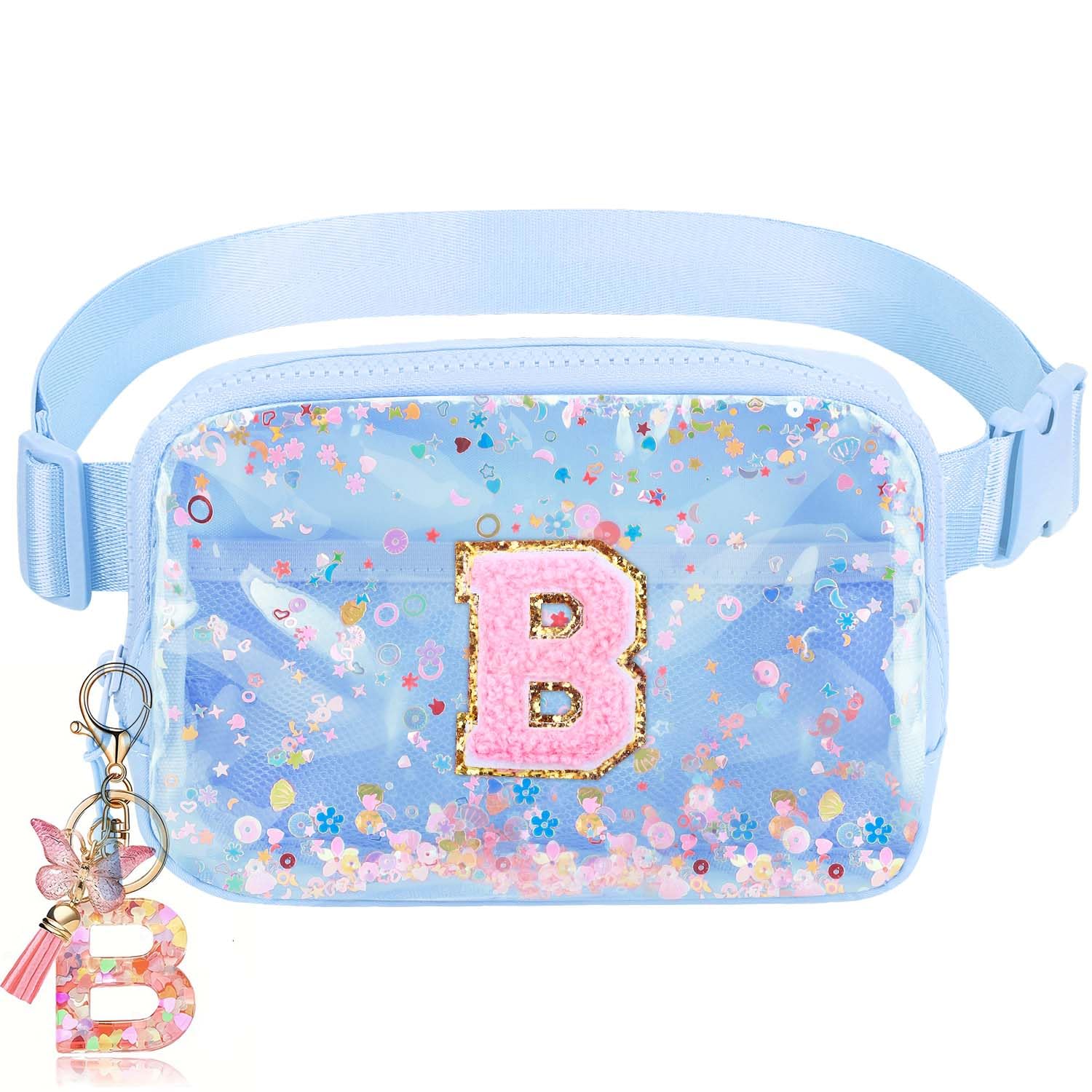 Initial Fanny Pack for Girls - Belt Bag for Teens Kid Teen Girl Kid Birthday Gift Blue Clear B