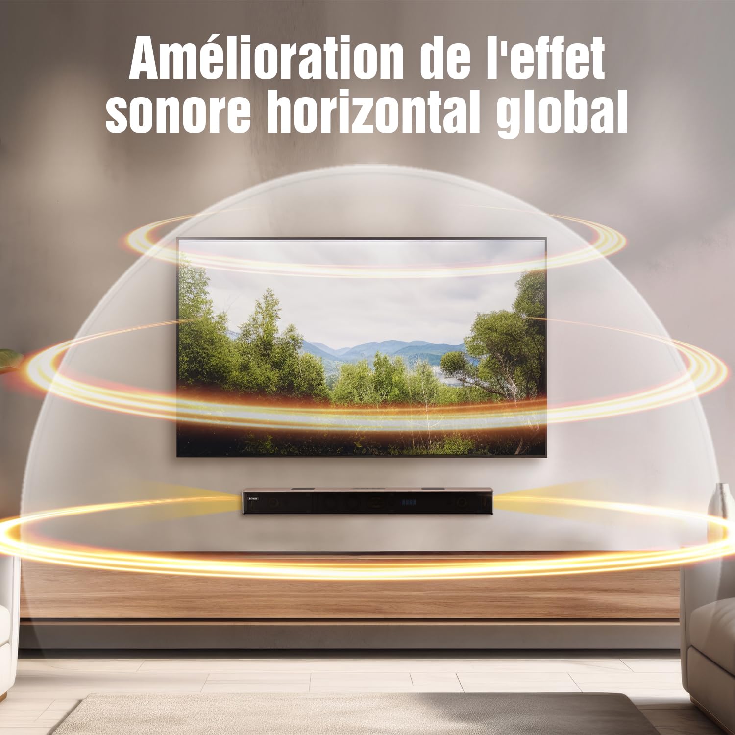 Hiwill 5.2.2 Dolby Atmos Barre de Son TV en Bois, 400W Tout-en-Un Home Cinema Enceintes pour Téléviseur avec Double Caisson de Basses Intégré, 2 Haut-parleurs Orientés vers Le Haut, WoNoble A502