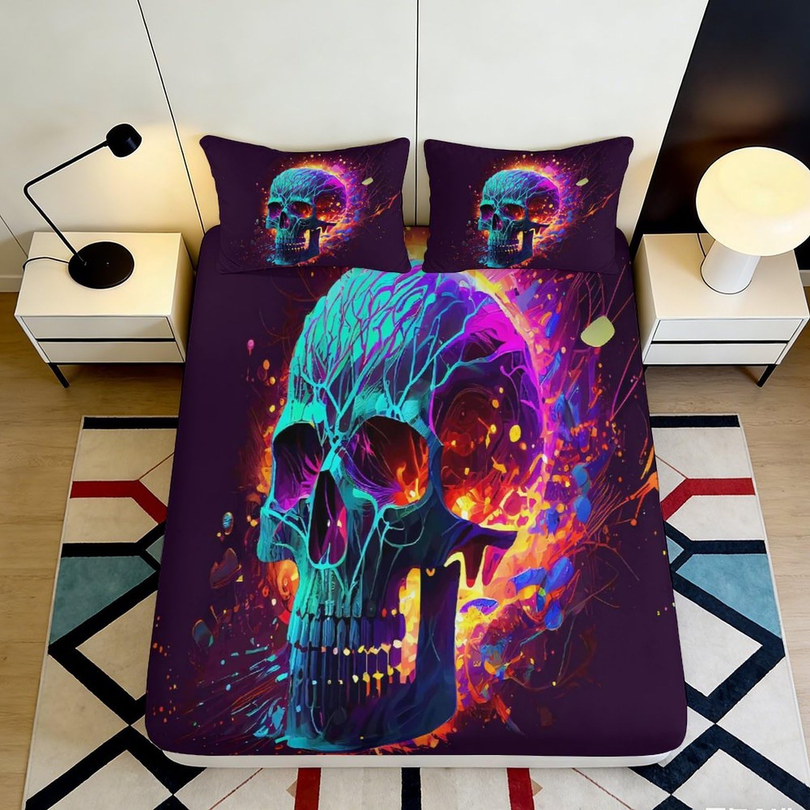 3D Printed Neon Skull Fitted Sheet Microfiber Soft Breathable Colorful Skull Bed Cover for Bedroom Dormitory Guest Room Mattress Protection 200x200x25cm