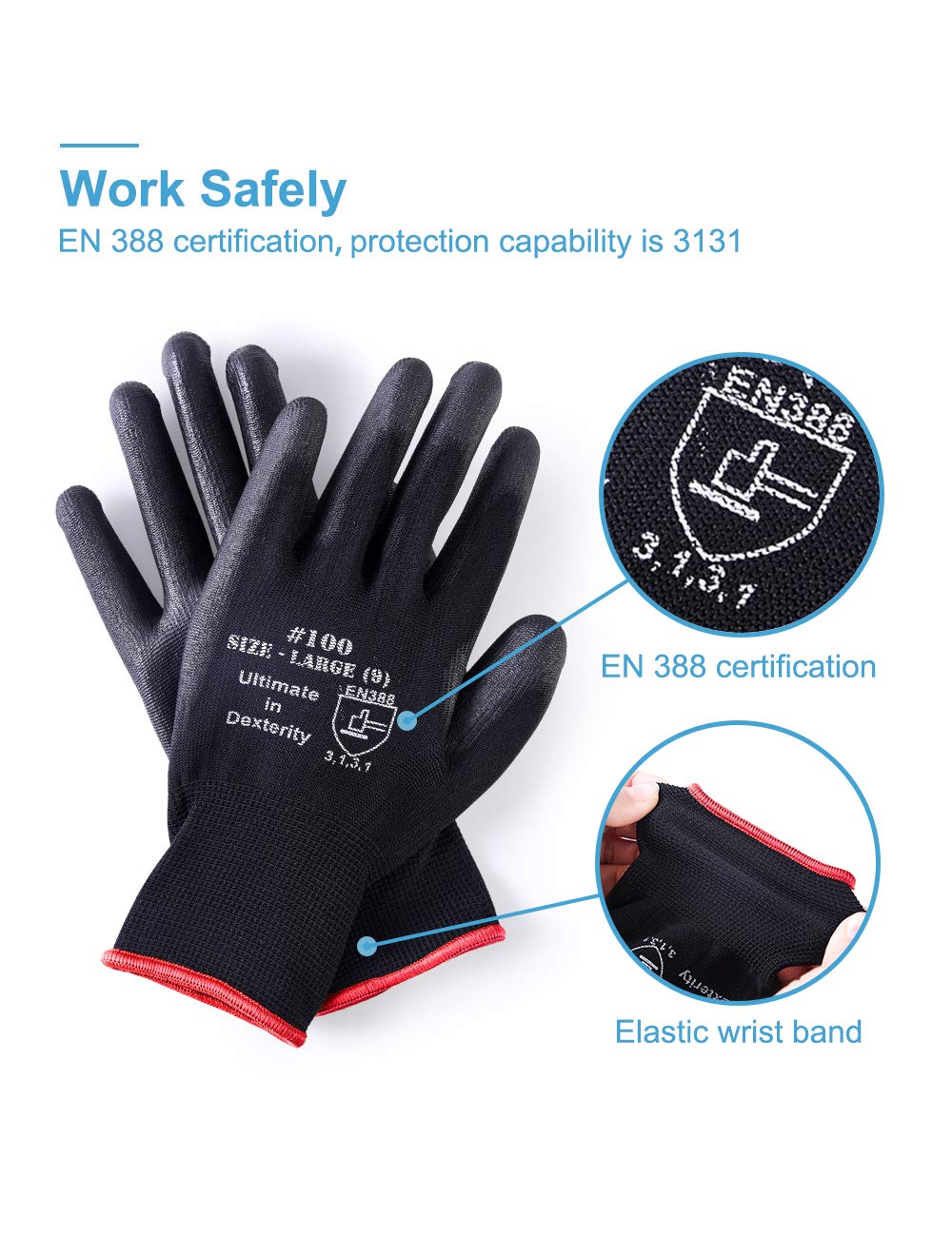 Donfri 12 works PU Coated Safety Work Gardening Gloves Men High Performance EN388 Black Non-slip Protective Handling Gardening Builders Mechanic Breathable Washable (L/9) - Image 4