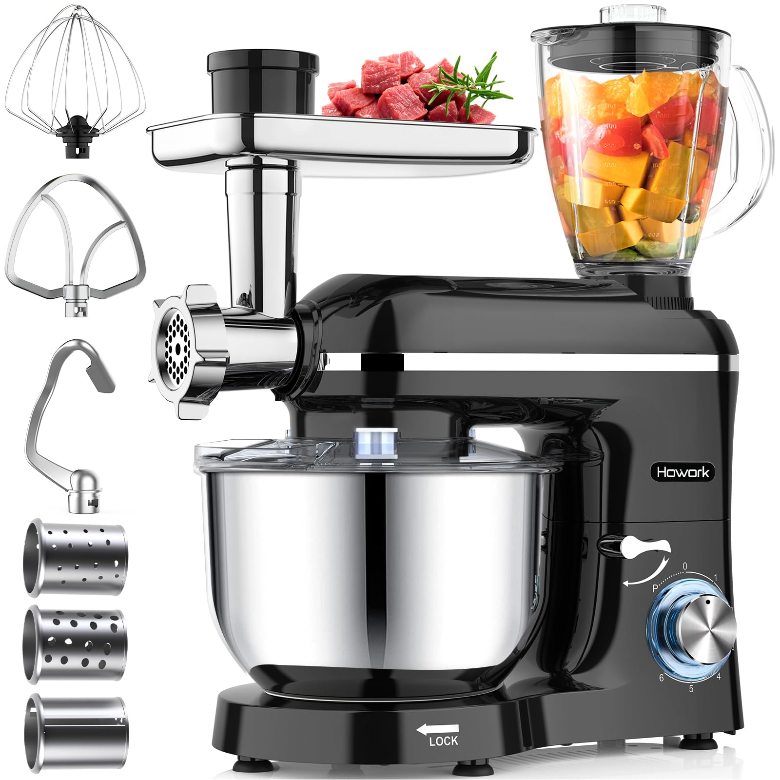 HOWORK Batidora de pie, batidora de alimentos de 6.2 L, 1500 W, mezclador eléctrico de cocina multifuncional con gancho de masa, batidor, batidor