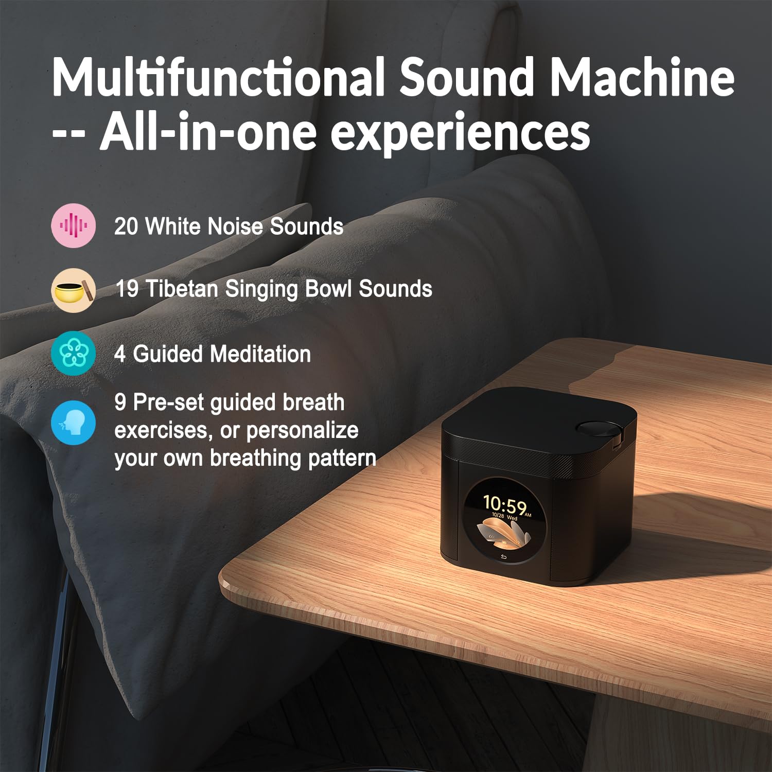 Cuenco tibetano y máquina de sonido para dormir con 19 sonidos de cuenco tibetano, 4 sonidos de meditación, 20 ruidos blancos, entrenador de respiración, pantalla táctil, sonido estéreo, control de