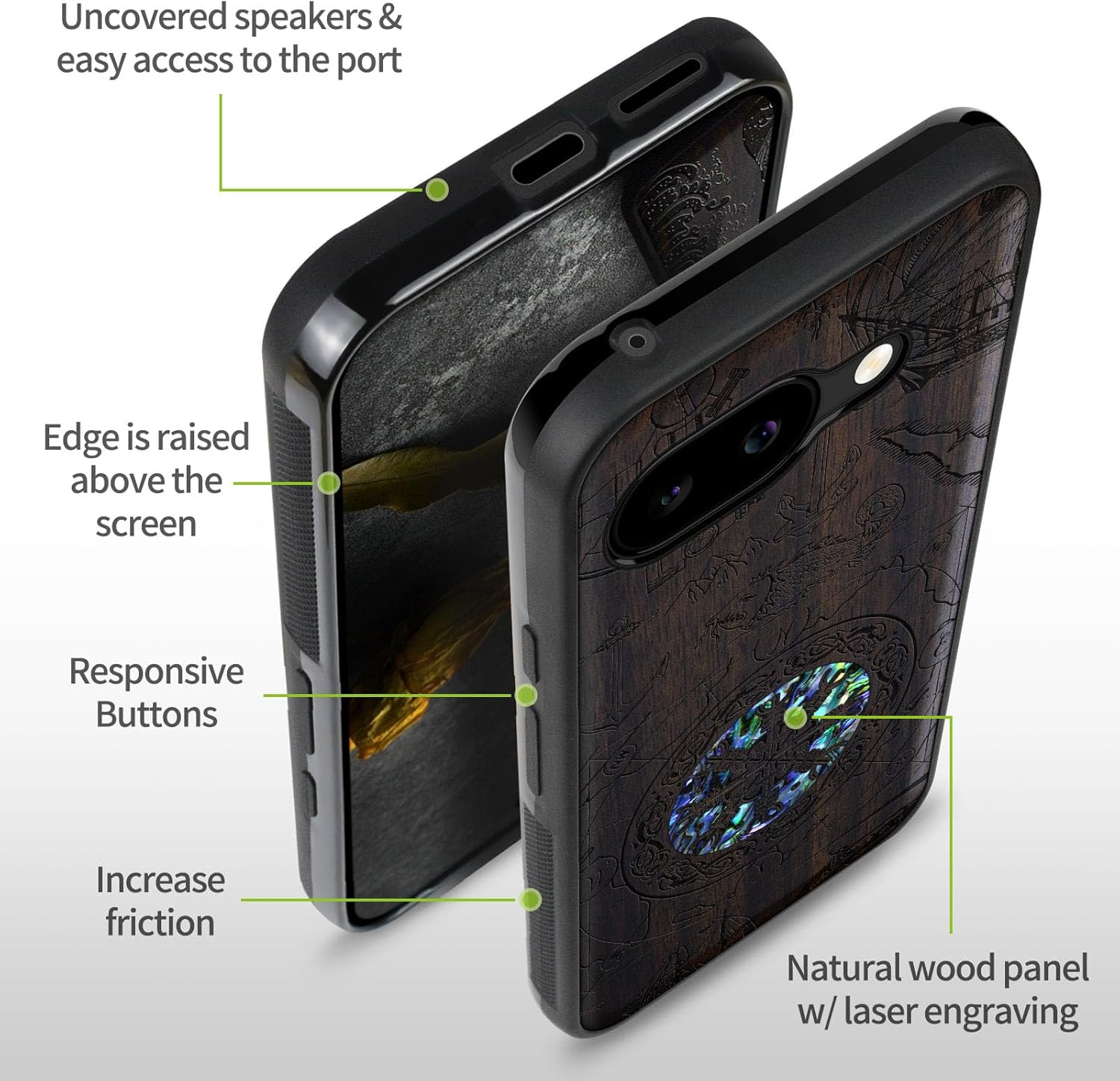 Carveit Magnetic Wooden Case for Google Pixel 9a Case, Wood Artisan Engraved & Handmade Shell Inlaid, Compatible with MagSafe Wireless Chargers (Viking Shield) Blackwood