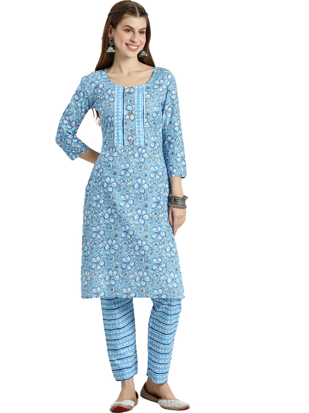 Shiv Textiles Pure Cotton Kurta Set For Women(9002-Sky-M)