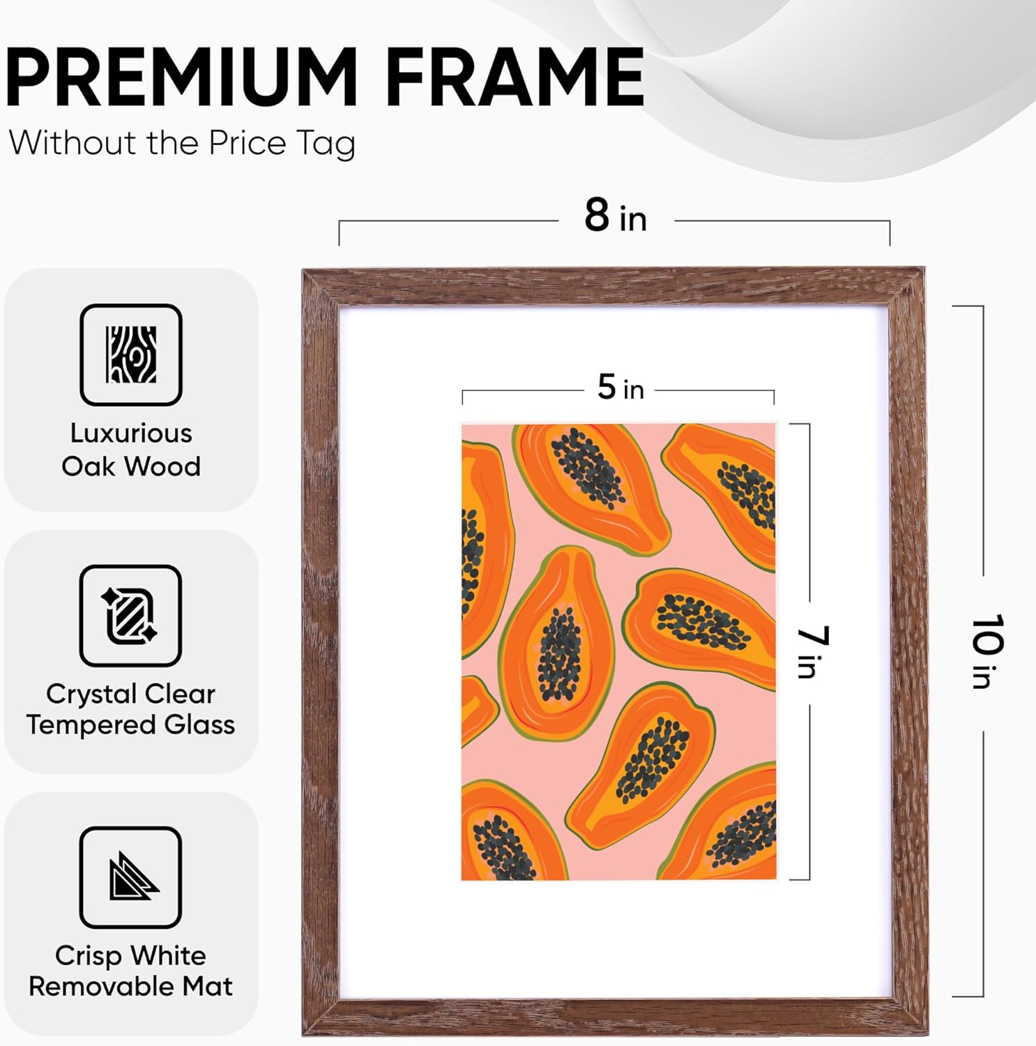 Homeforia 8x10 Brown Oak Wooden Picture Frames Set of 1 with 5x7 Mat, Tempered Glass, Wall Hook Included