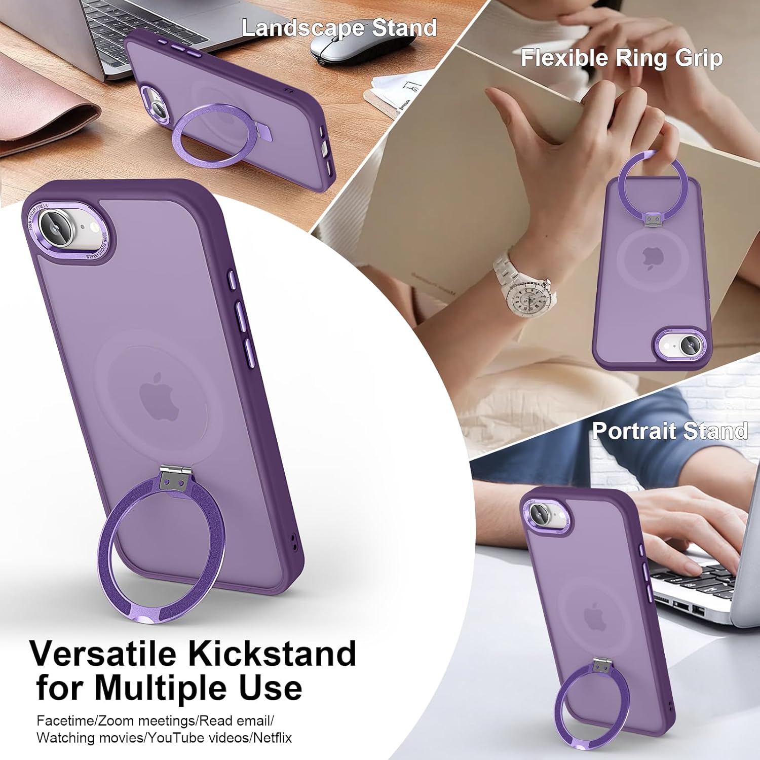 Magnetic for iPhone 17e Case & iPhone 16e Case with Ring Stand, [10 FT Drop Protection] [Velvety Touch] Slim Translucent Matte Back Shockproof Phone Case for iPhone 17e 6.1'', Dark Purple