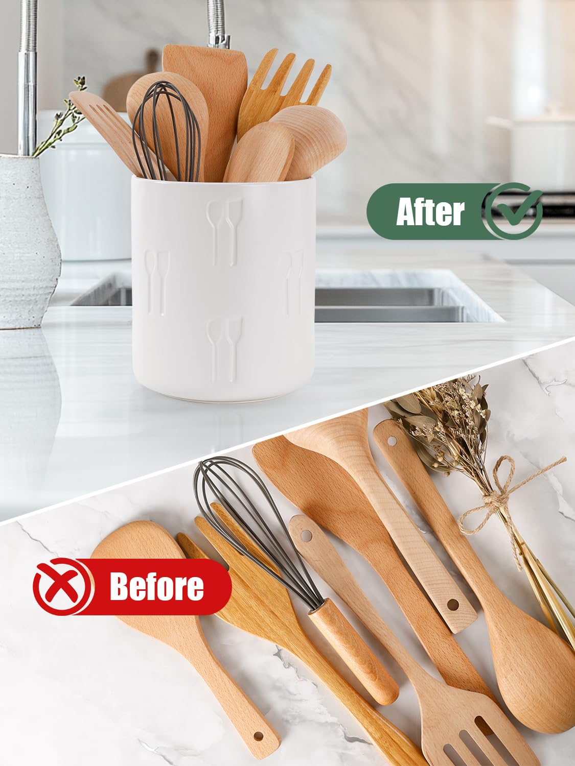 Küchenutensilien Aufbewahrung Keramik, 18 x 15,5 cm Große Utensilienhalter Relief Besteckhalter für Küche, Arbeitsplatte Aufbewahrung, Utensilien-Organizer, Eiskübel, Weiß