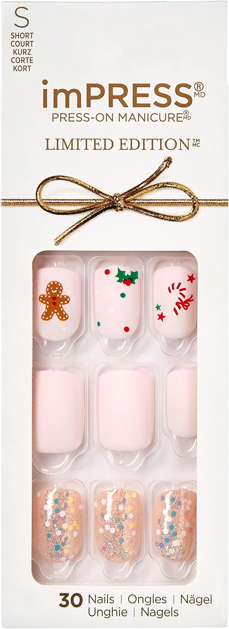 imPRESS KISS Limited Edition Holiday Press-On Manicure with PureFit Technology, Short Length, Square Shaped, Pink Press-On Nails, Style 'Dear Santa'