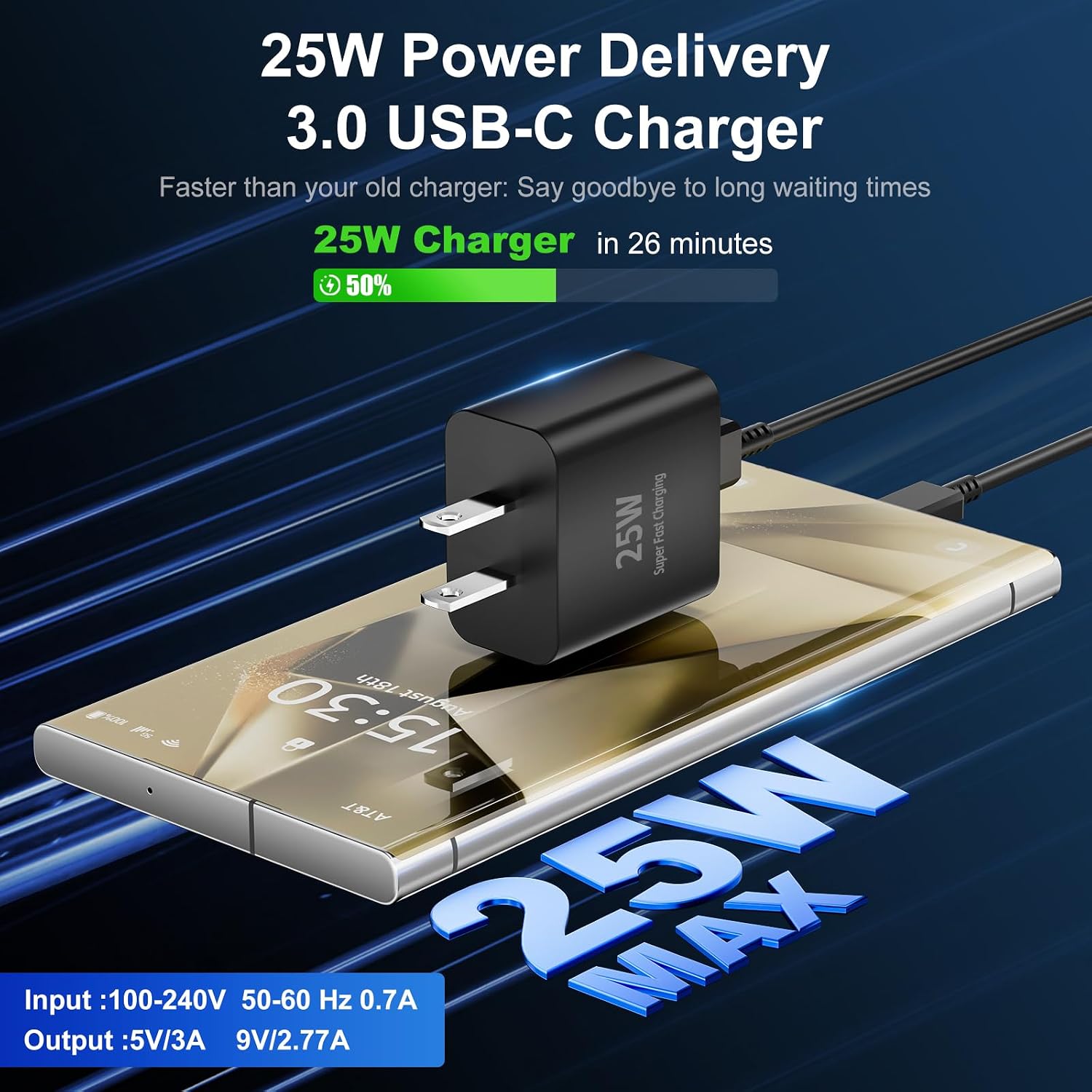 25W Type C Super Fast Charger,Fast Charger USB C with 2 Pcs 6FT Android Charger Cable Cord Suitable for Samsung Galaxy S25/S24 S23 S22 S21 Ultra/S20/S20 Ultra/Note 20 Ultra (25 W Black/White)