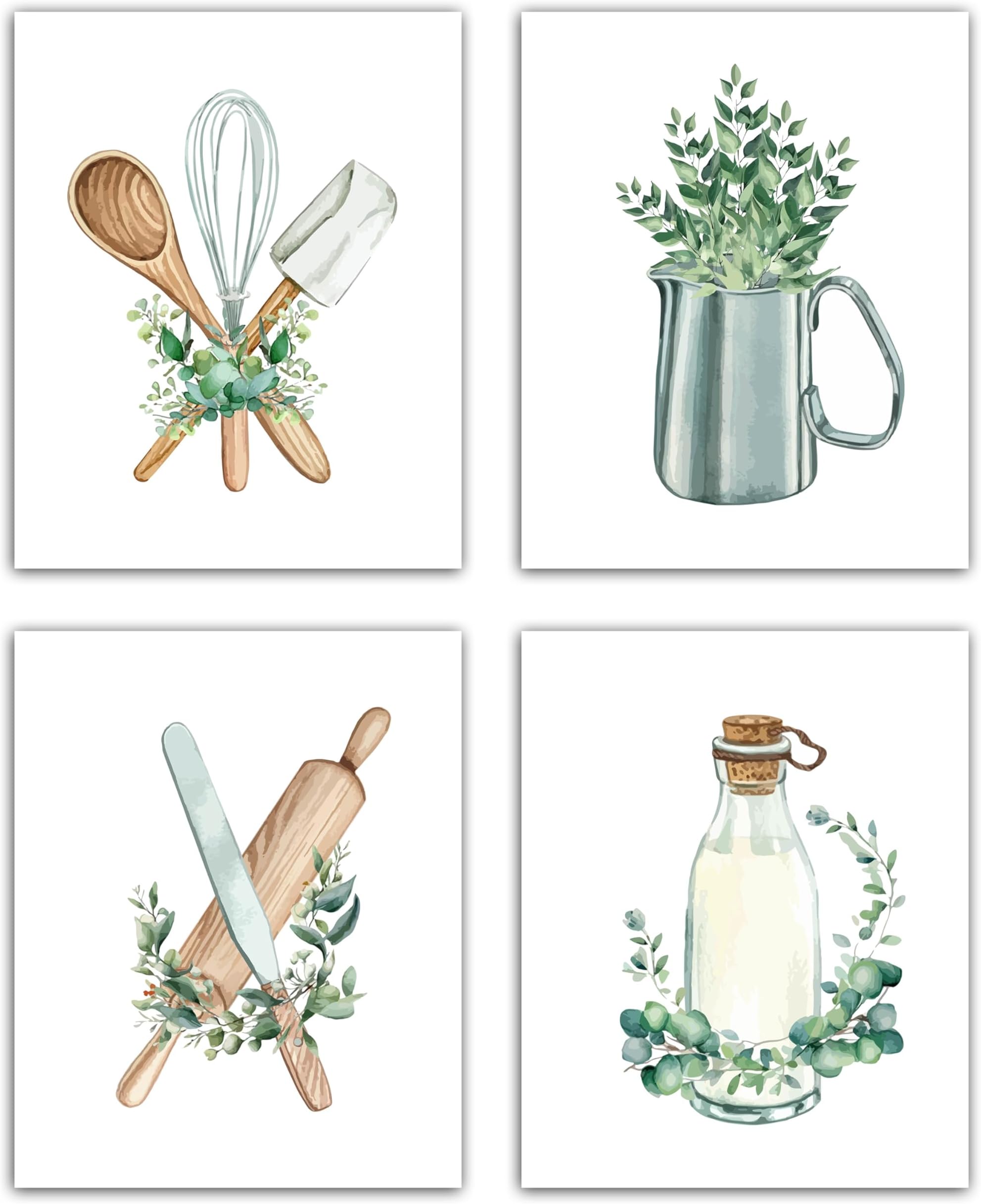 Kitchen Greenery Posters Prints Set Of 4, Boho Sage Eucalyptus Green Wall Art Decor For Dining Room Farmhouse, Aesthetic Kitchen Supplies Picture Prints Decor For Room Wall, 8x10 Inches Unframed -01