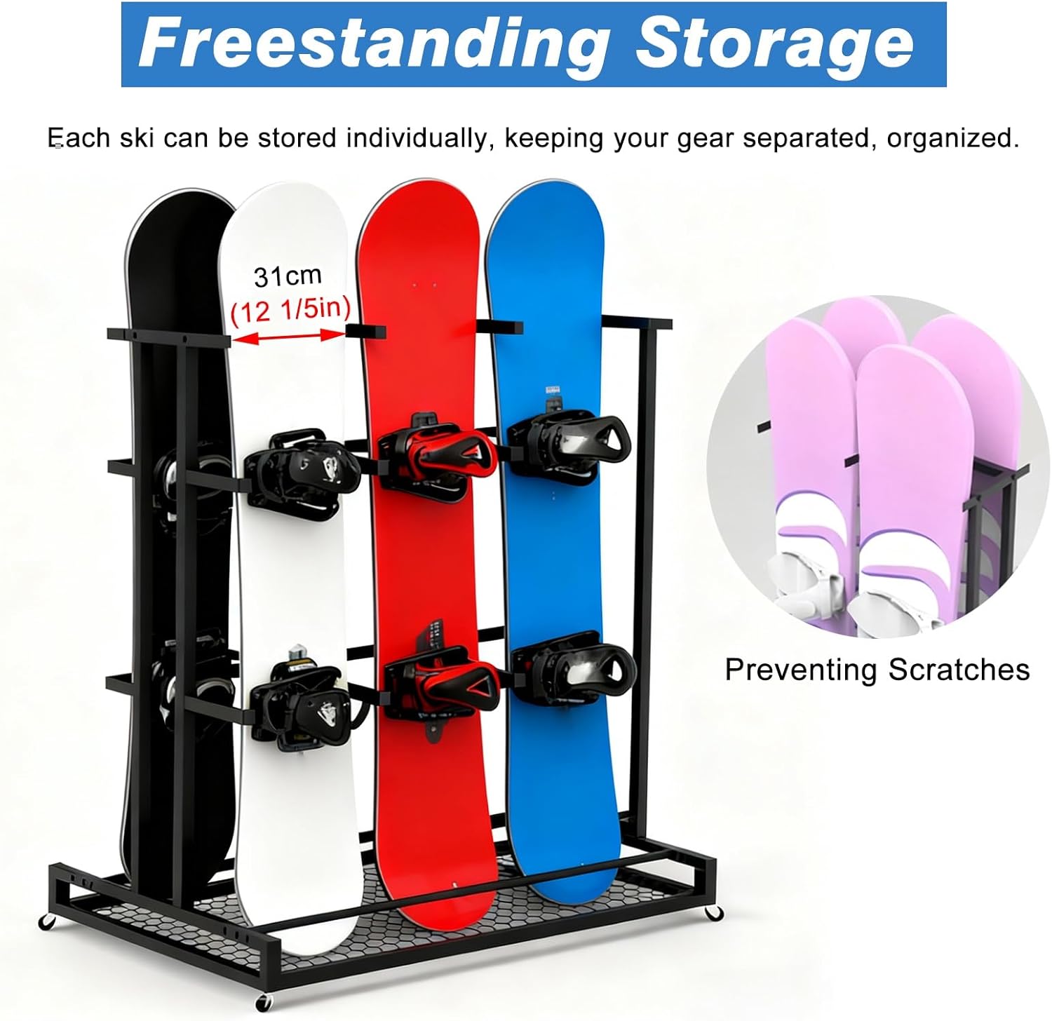 Indoor Ski Storage Rack Free Standing - Stores 5 Pairs of Skis, Home Garage Vertical Snowboard Storage Stand Holder, Skateboard Floor Cart, Balck