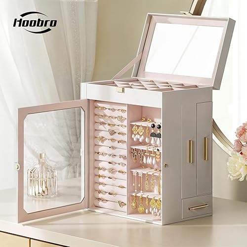 Miniatura 2 de HOOBRO Joyero con espejo, organizador de joyas de viaje con ventana de cristal, estuche de almacenamiento de joyas, almacenamiento vertical, regalo
