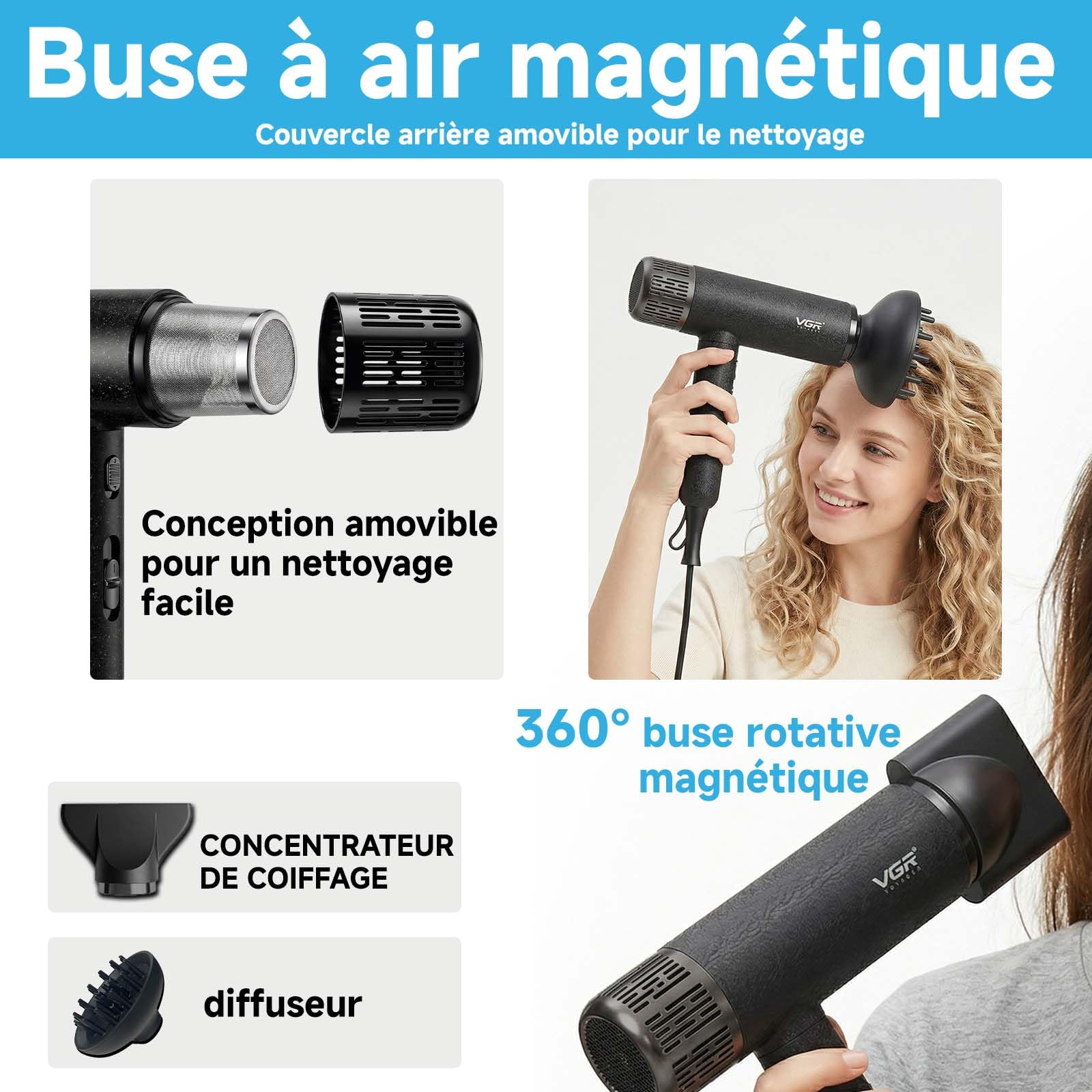 VGR 640 HD Seche Cheveux Diffuseur boucle Professionnel, Seche Cheveux Diffuseur Avec Moteur BLDC 110000 Tr/Min Pour Séchage Rapide, Trois Accessoires De Coiffage Magnétiques, Coque Aarrière Amovible