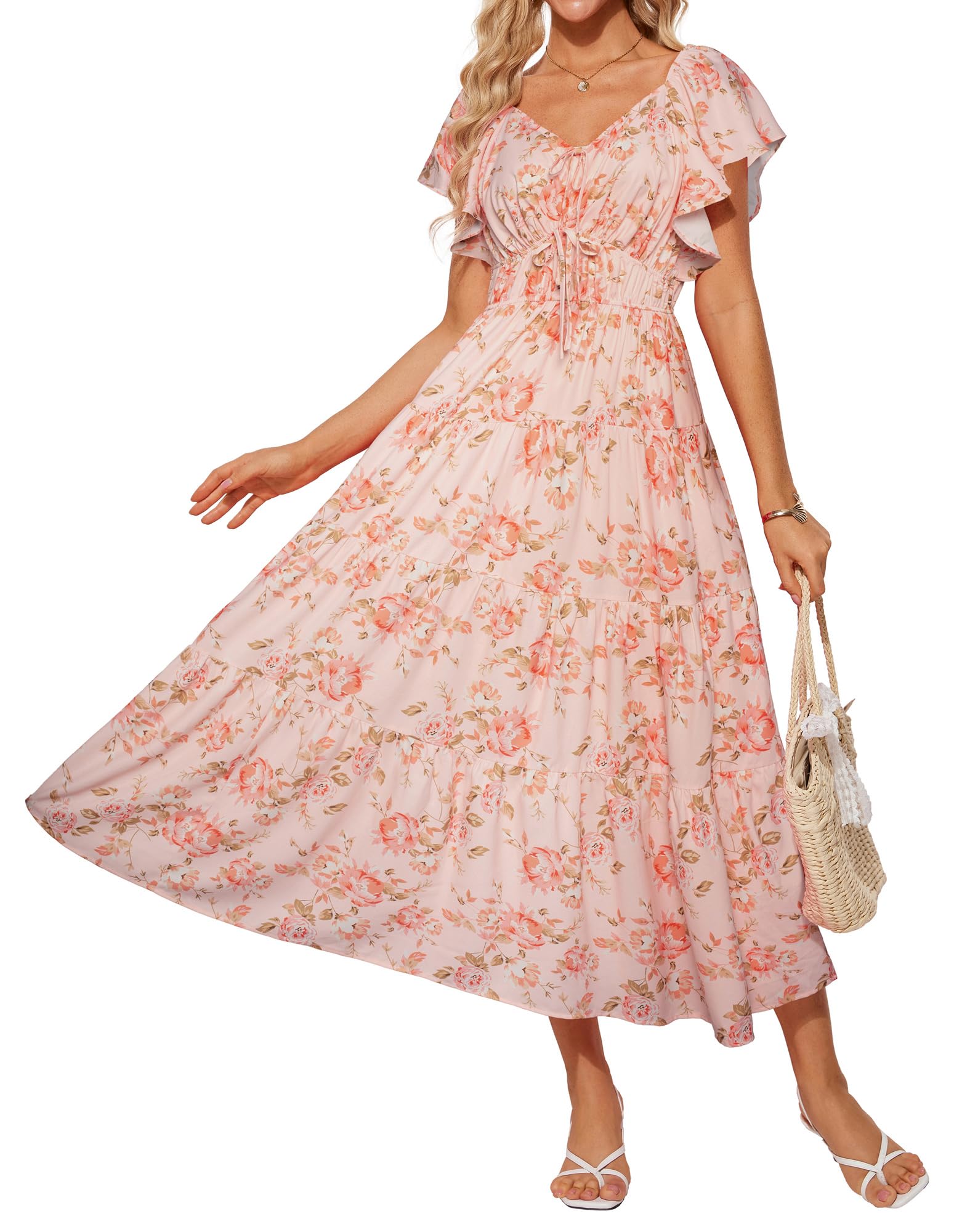 GRACE KARIN Damen Elegant Blumenkleid Rüschenärmel V-Ausschnitt Maxikleid | Maxilang,Elastischer Bund,Offene Seitentaschen,Party,Urlaub,Hochzeit