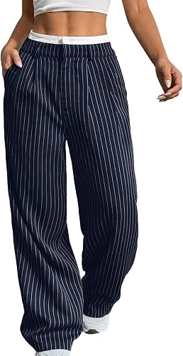 Womens High Waisted Pinstripe Wide Leg Pants Casual Navy 3X-