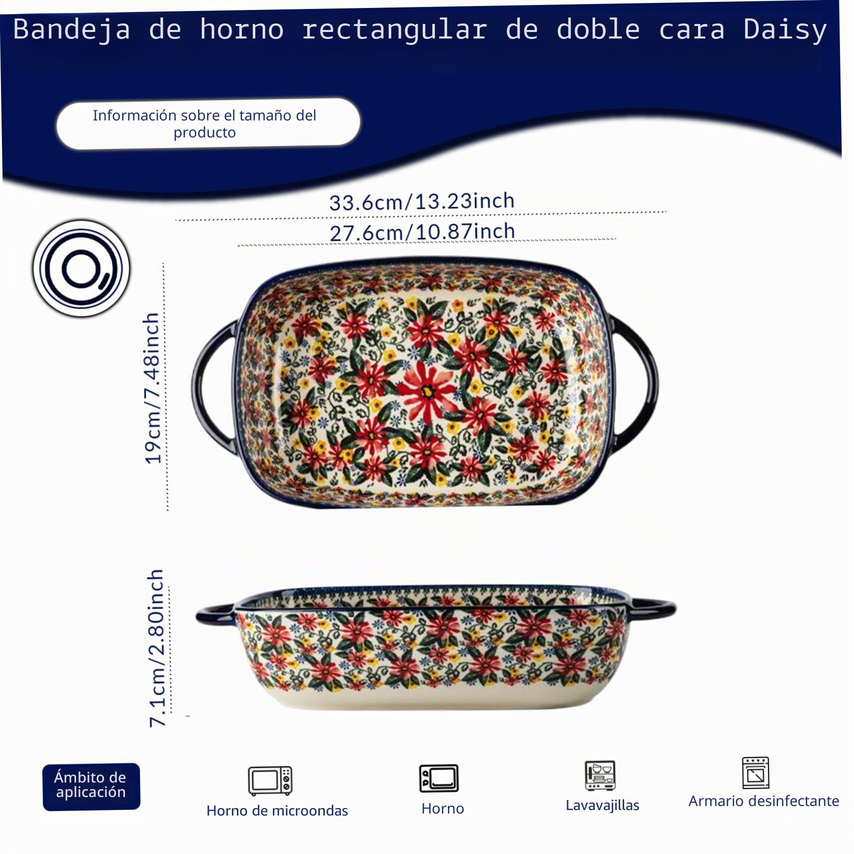 Fuente para Hornear, Fuente para Horno de cerámica Resistente al Calor de 1900 ml con Asas Dobles, Lasaña Rectángulo con Estampado de Margaritas, Cazuelas Lavables Antideslizantes para Cocina, Figürc