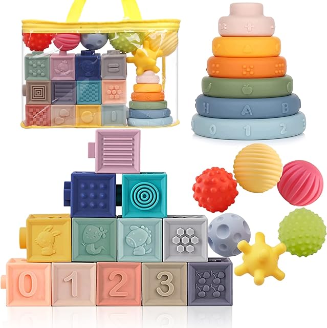 Weilim Montessori Toys for Babies Soft Stacking Building Blocks Rings Balls 3 in 1 Soft Baby Toys Set for Babies 6-12 Months Sensory Toys for Toddlers 1-3 Learning Toys