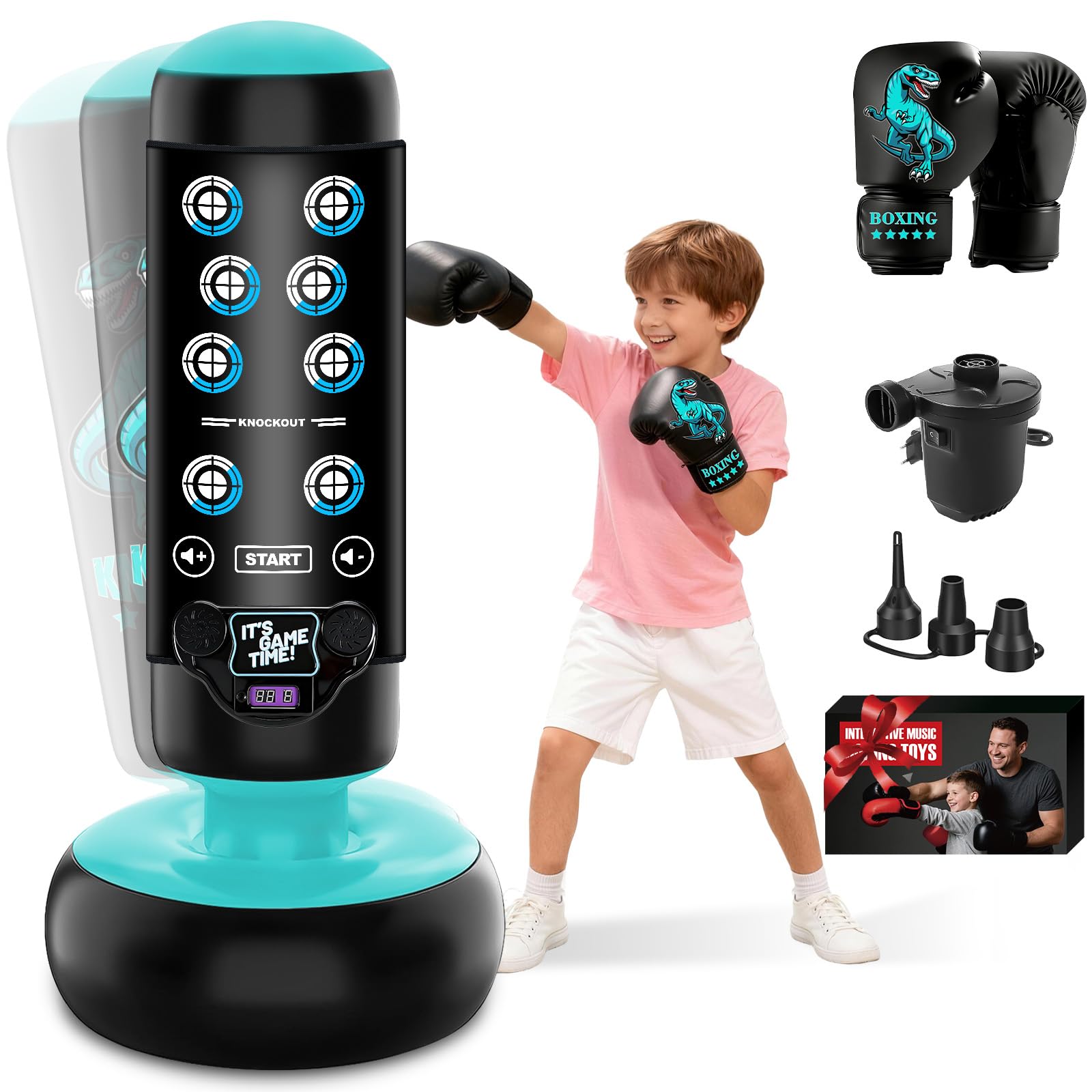 NZQXJXZ Boxsack Kinder, 160 cm Aufblasbarer Boxset mit Boxhandschuhen, Boxsack Stehend mit Punktestandanzeige, Licht und Musikmatte zum Üben von Karate, Taekwondo