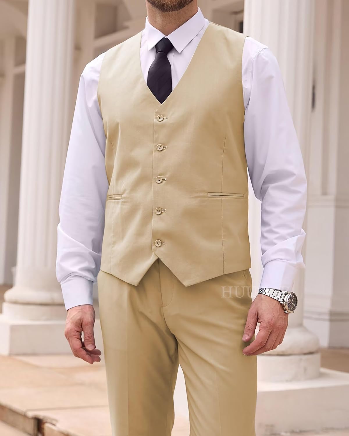 HUUTOE Men's 3 Piece Suits Slim Fit, Wedding Groomsmen Prom Business Suit, One Button Blazer Jacket Vest and Pants Tuxedo Set - Image 4