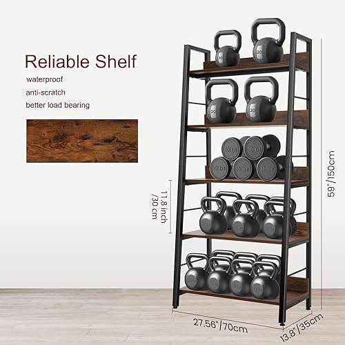 Miniatura 3 de BATHWA Estantería de escalera de 5 niveles, estantería industrial rústica de madera abierta de metal para sala de estar, dormitorio, oficina en