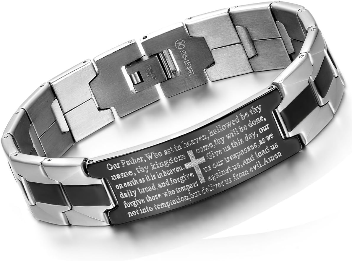 Flongo Men's Vintage Stainless Steel Black Cross English Bible Lords Prayer Link Wrist Bracelet For Men Christmas Gifts